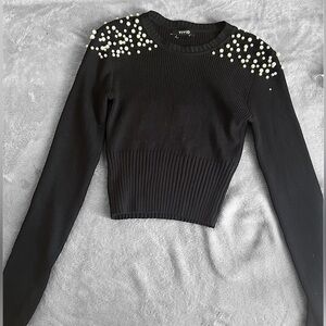 Black Knit Coquette Crop Top with Pearl Neckline Accents